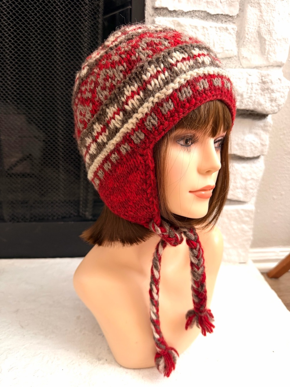 Everest Designs 100% Wool Earflap Hat Red Fair Isle Handmade Nepal Fleece